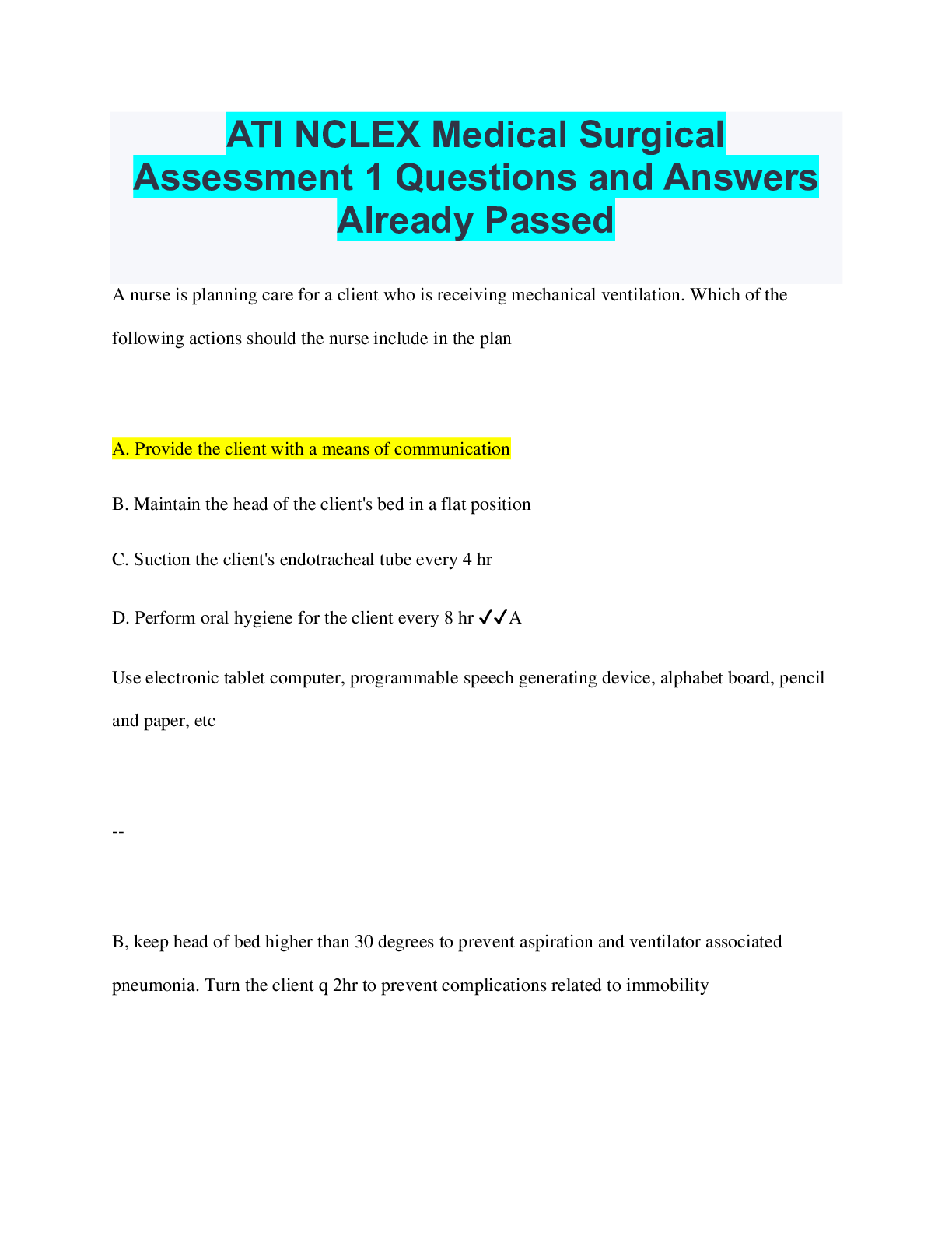 Preview of ATI NCLEX Medical Surgical Assessment 1 Questions and Answers Already Passed